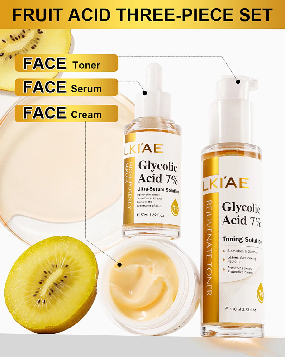 LKIAE Skin Brightener Set, Lightening, Hydration, Clean Stains, Remove Acne, Fine Lines, With Fruit Acid, Centella Asiatica