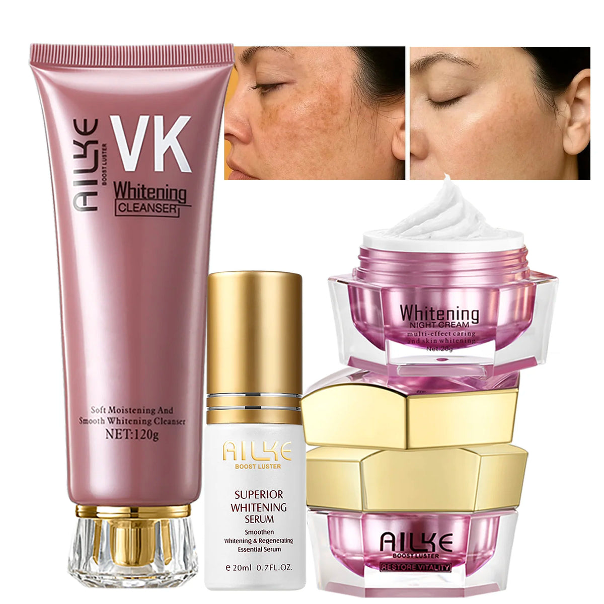 AILKE Lightening Face Care Set For All Skin Types, Whitening, Reduce Freckles, Melanin, Black Spots, Wrinkles, Even Skin Tone