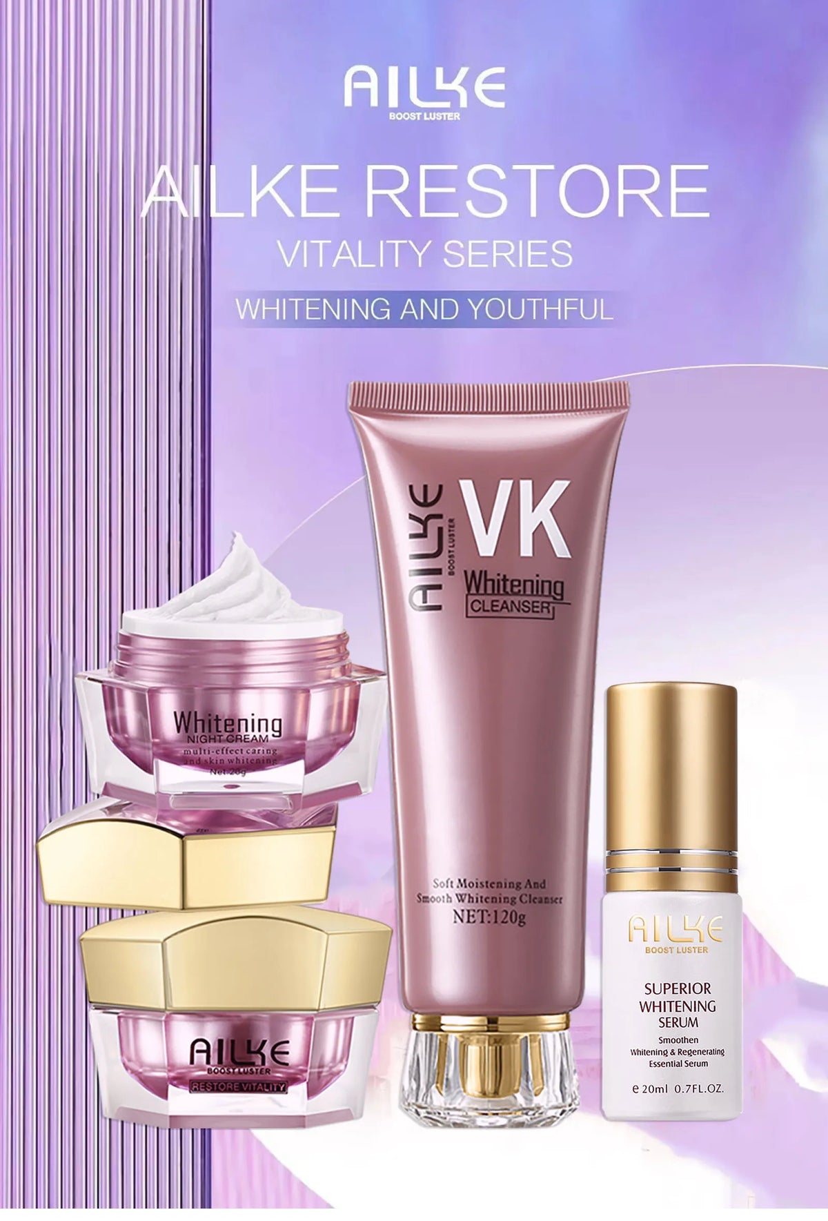 AILKE Lightening Face Care Set For All Skin Types, Whitening, Reduce Freckles, Melanin, Black Spots, Wrinkles, Even Skin Tone